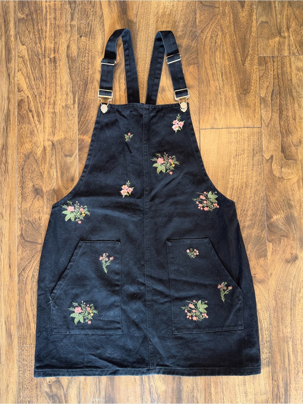 Harper Black Embroidered Floral Pinafore Overall Dress